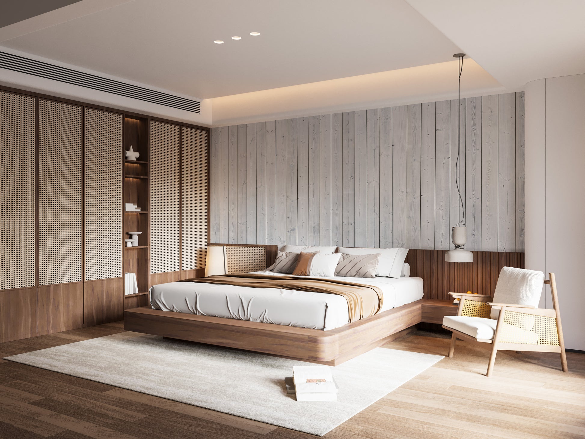 Wood Texture wallpaper in pale planks above a wood platform bed with cane wardrobes in a bedroom