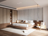 Wood Texture wallpaper in pale planks above a wood platform bed with cane wardrobes in a bedroom
