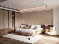Wood Textures Oak Surface Removable wallpaper of warm oak planks behind a low wood platform bed with rattan accents in a bedroom