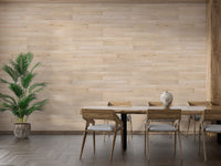 Wood Textures Oak Surface Removable wallpaper of light oak planks behind a wood dining table with grey chairs and a potted palm