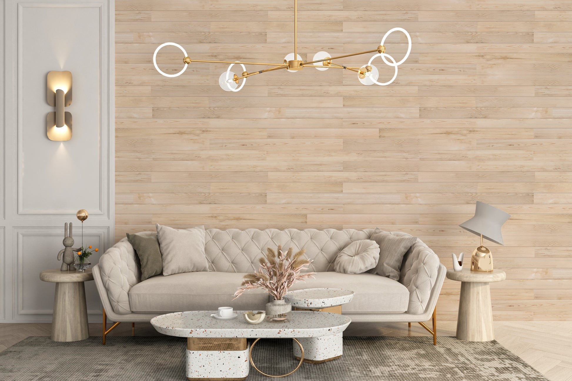 Wood Textures Oak Surface Removable wallpaper of light oak planks behind a cream tufted sofa and terrazzo table in a living room