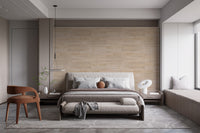 Wood Textures Oak Surface Removable wallpaper of pale oak planks behind a grey upholstered bed and rust accent chair in a bedroom