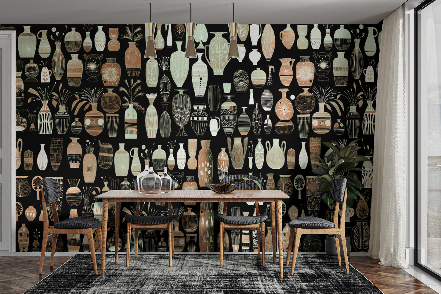 Woodcut Vase Design wallpaper mural of beige vases on black behind a wood dining table and black chairs