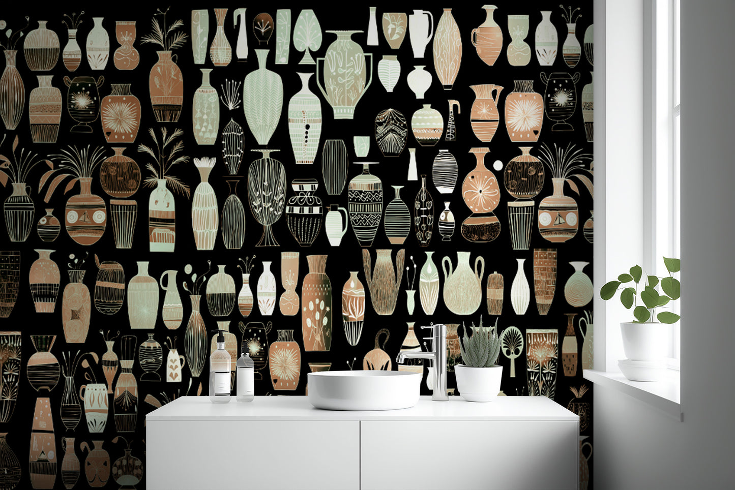 Woodcut Vase Design wallpaper mural of carved pottery on black above a white vanity with a round vessel sink