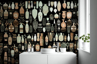 Woodcut Vase Design wallpaper mural of carved pottery on black above a white vanity with a round vessel sink