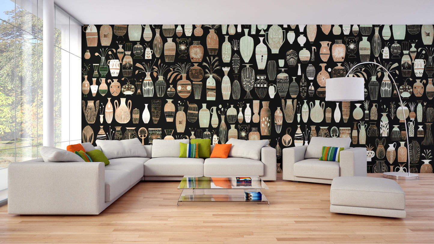 Woodcut Vase Design wallpaper mural of beige and black pottery behind a white sectional sofa in a living room