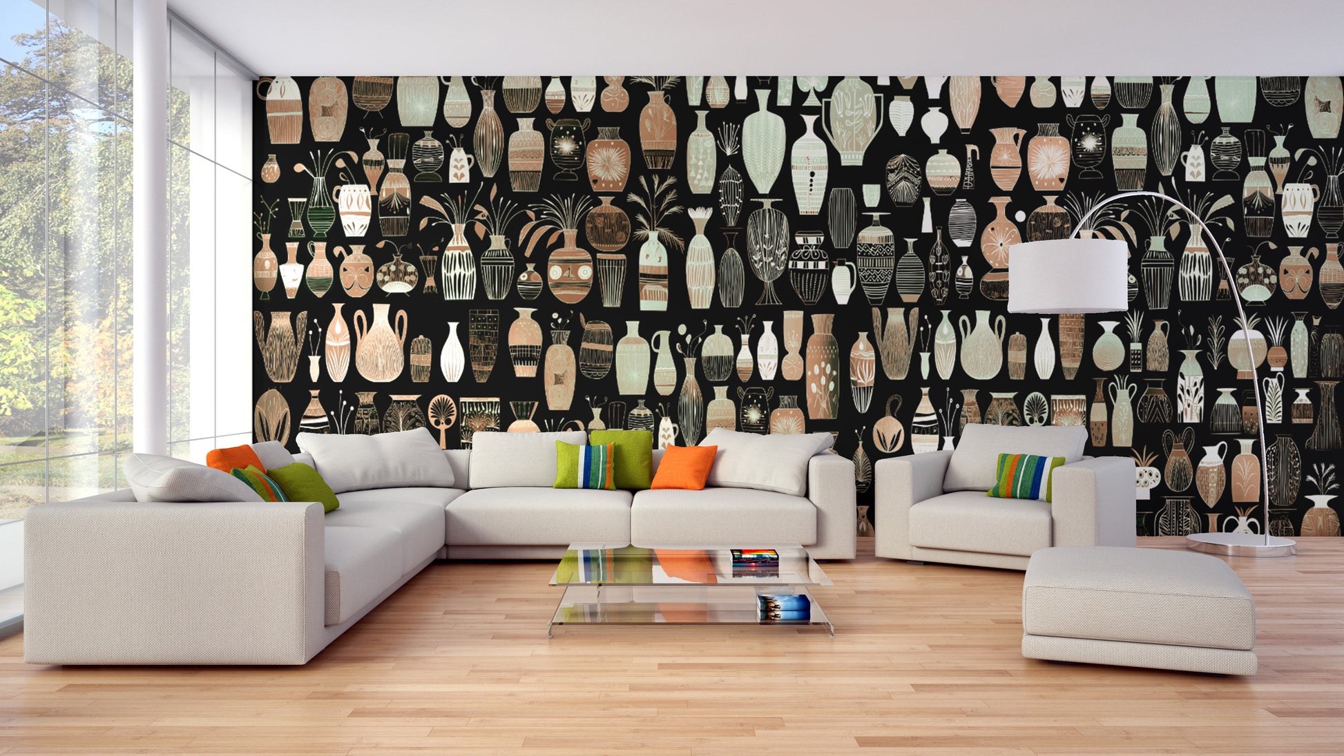 Woodcut Vase Design wallpaper mural of beige and black pottery behind a white sectional sofa in a living room