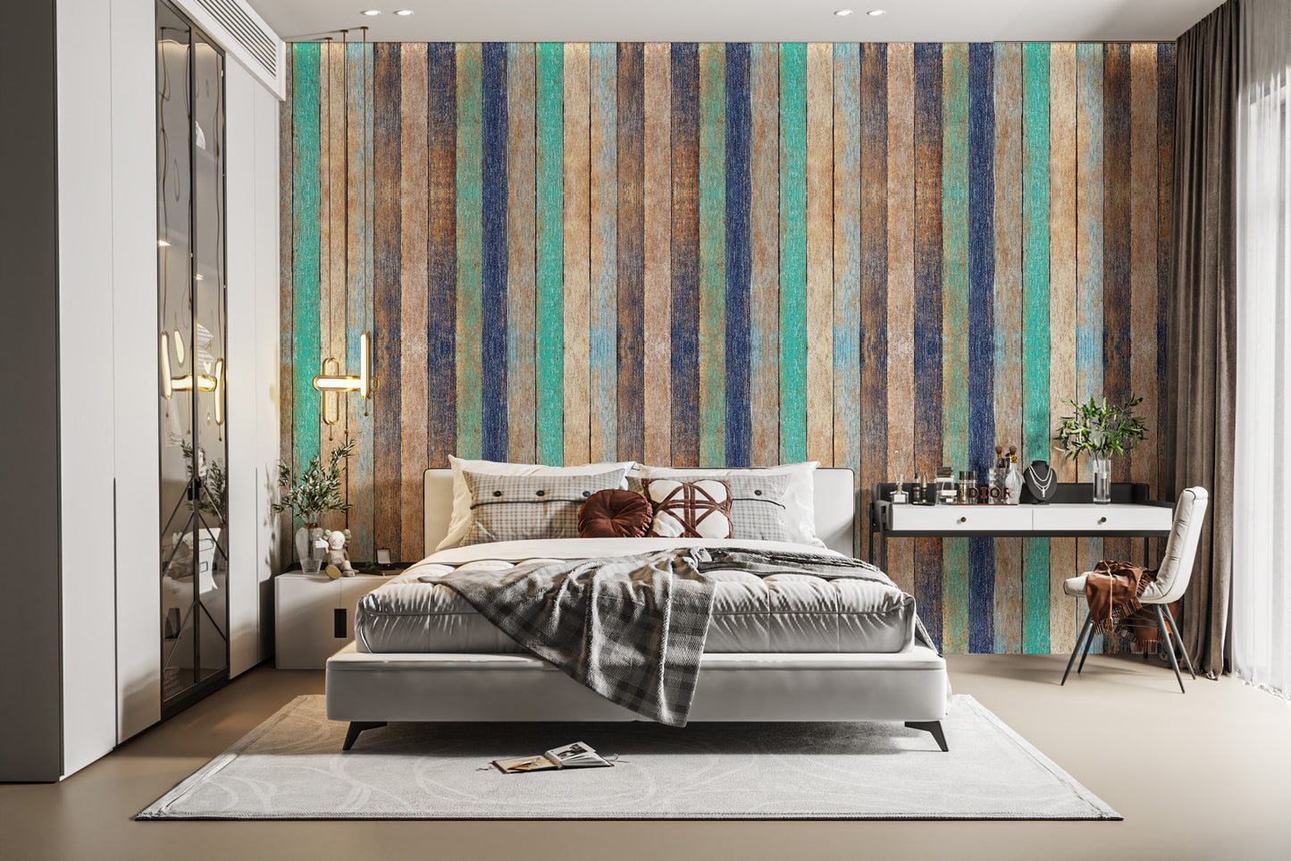 Dark walnut effect wall mural with horizontal stacked timber panels for bedroom wallpaper.