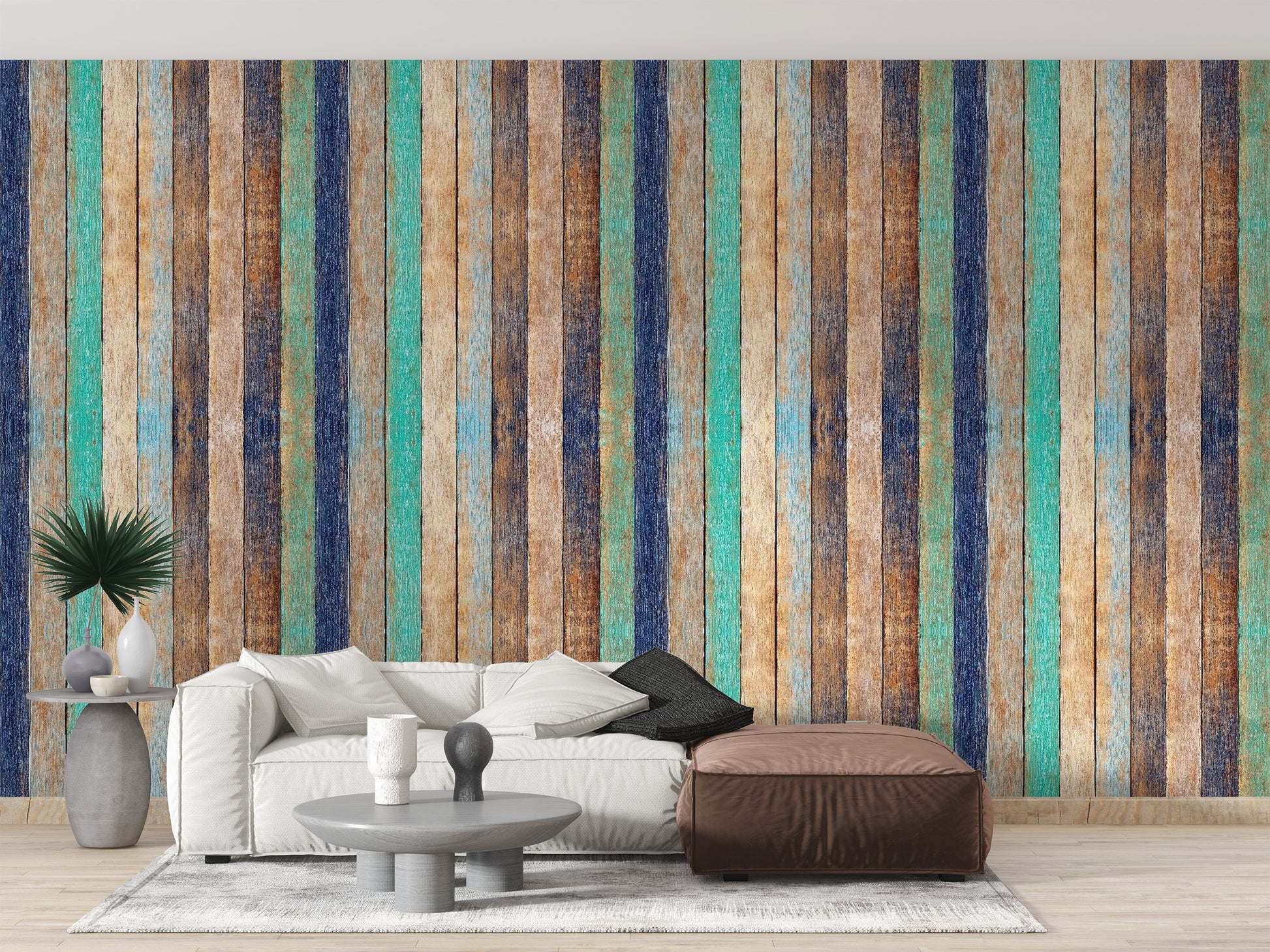 Distressed white wash wood wallpaper mural for a coastal interior style living room.