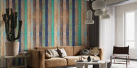 Multi-tonal scrap wood wallpaper for a hallway creative and recycled aesthetic 
