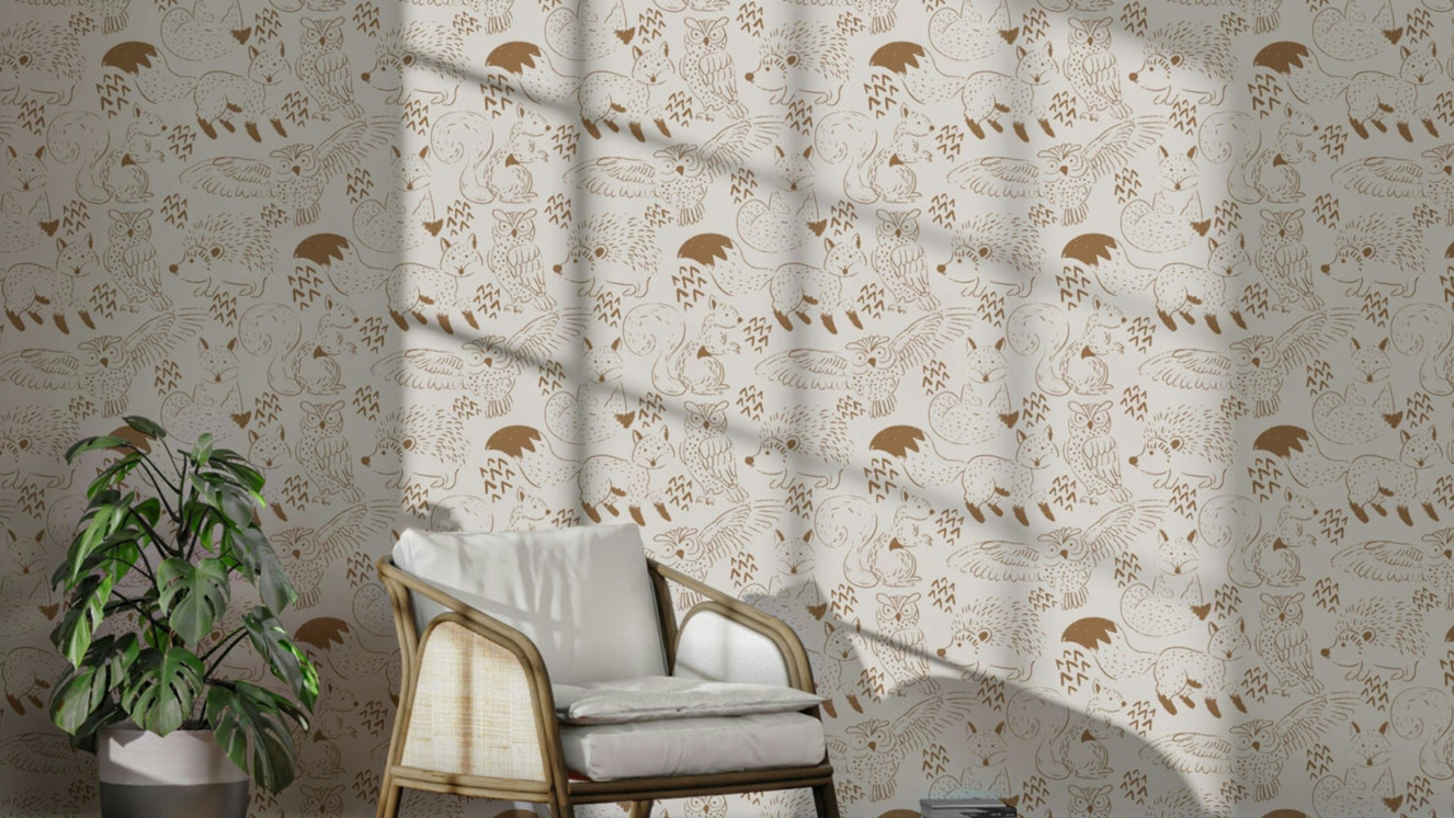 Woodland animal wallpaper in neutral brown tones

