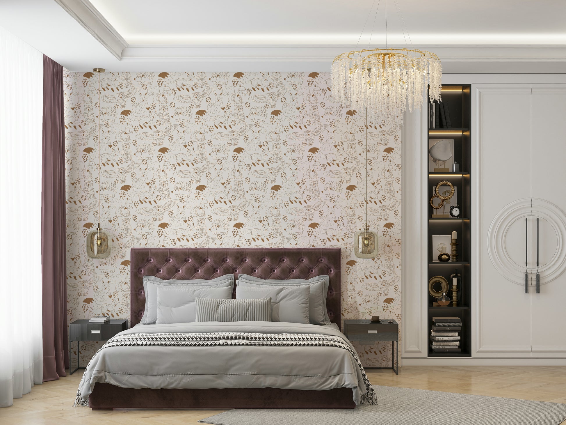 Woodland wallpaper with owls, deer, and foxes in brown

