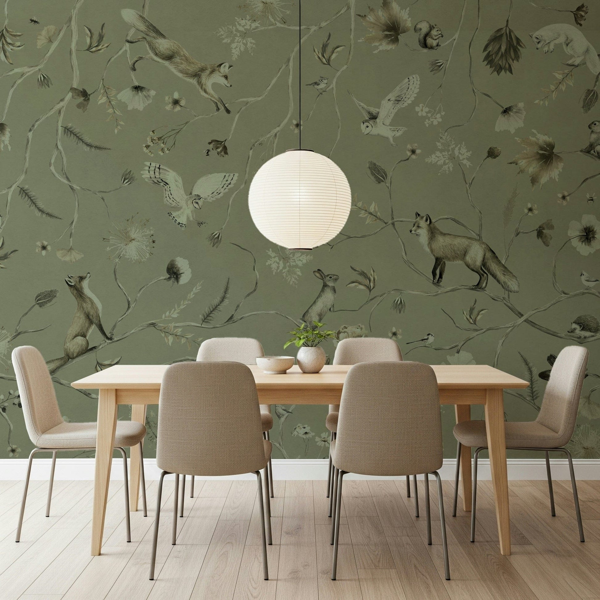 Elegant woodland mural with trees, greenery, and peaceful forest ambiance