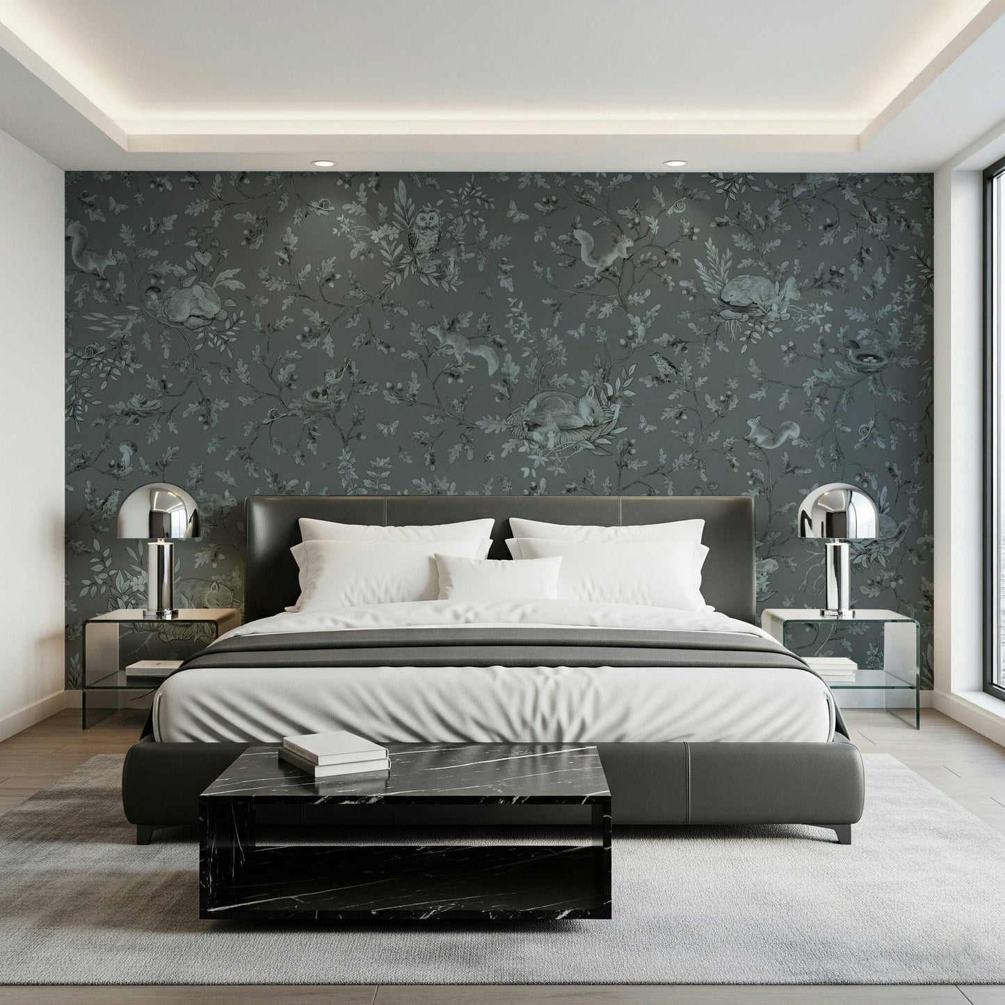 Dreamy woodland mural capturing tranquil trees and gentle light for a peaceful space.