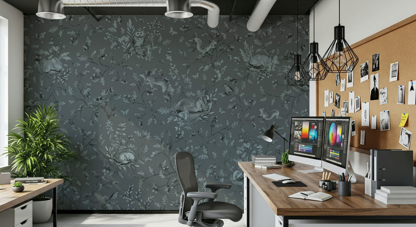 Woodland Slumber Wall Mural featuring a serene forest bathed in soft morning mist.