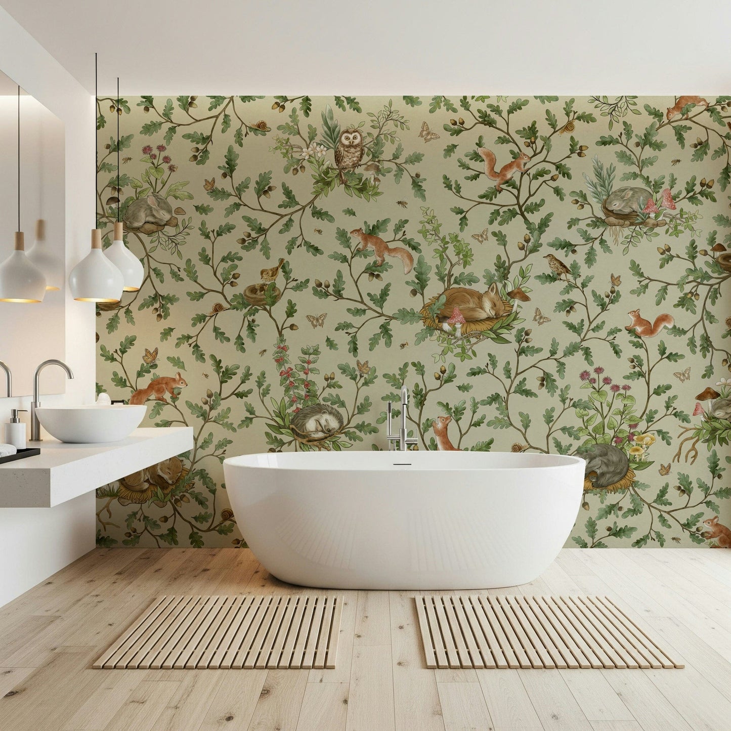 Woodland Naptime Tales Wall Mural depicting a serene woodland with soothing natural hues.