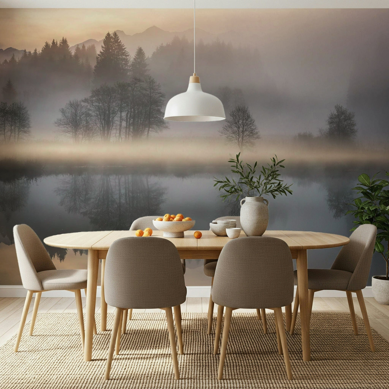 Woodland Dawn Reflection wallpaper, misty lake, perfect mirror reflection, serene home décor.