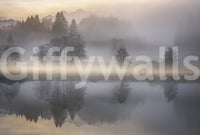 Picturesque Dawn Reflection, harmonious scene, whispering mist, wallpaper for walls.