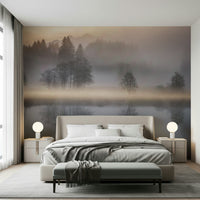 Quiet forest reflection, calming mist, stillness and balance, meditative space.