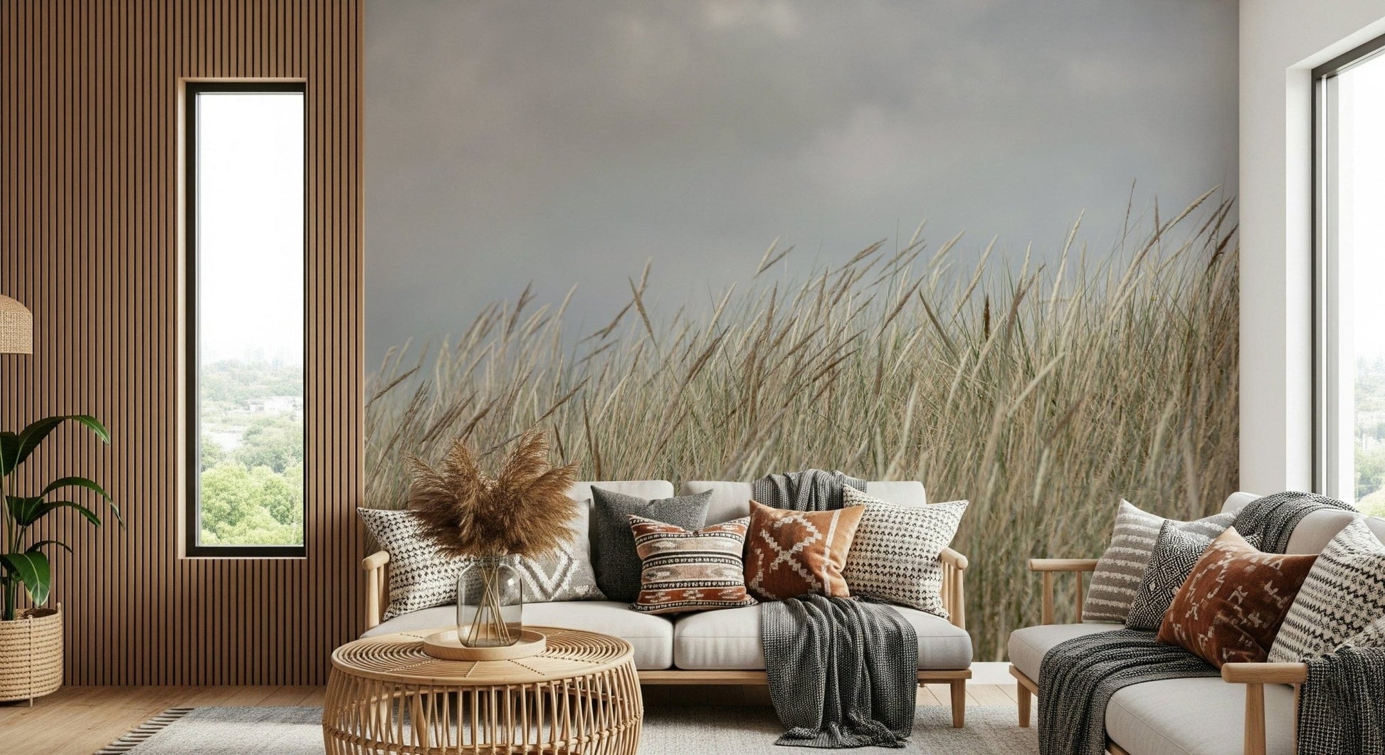 Woodland Dune Grass wallpaper displaying intricate brown herbal stalks in breeze.