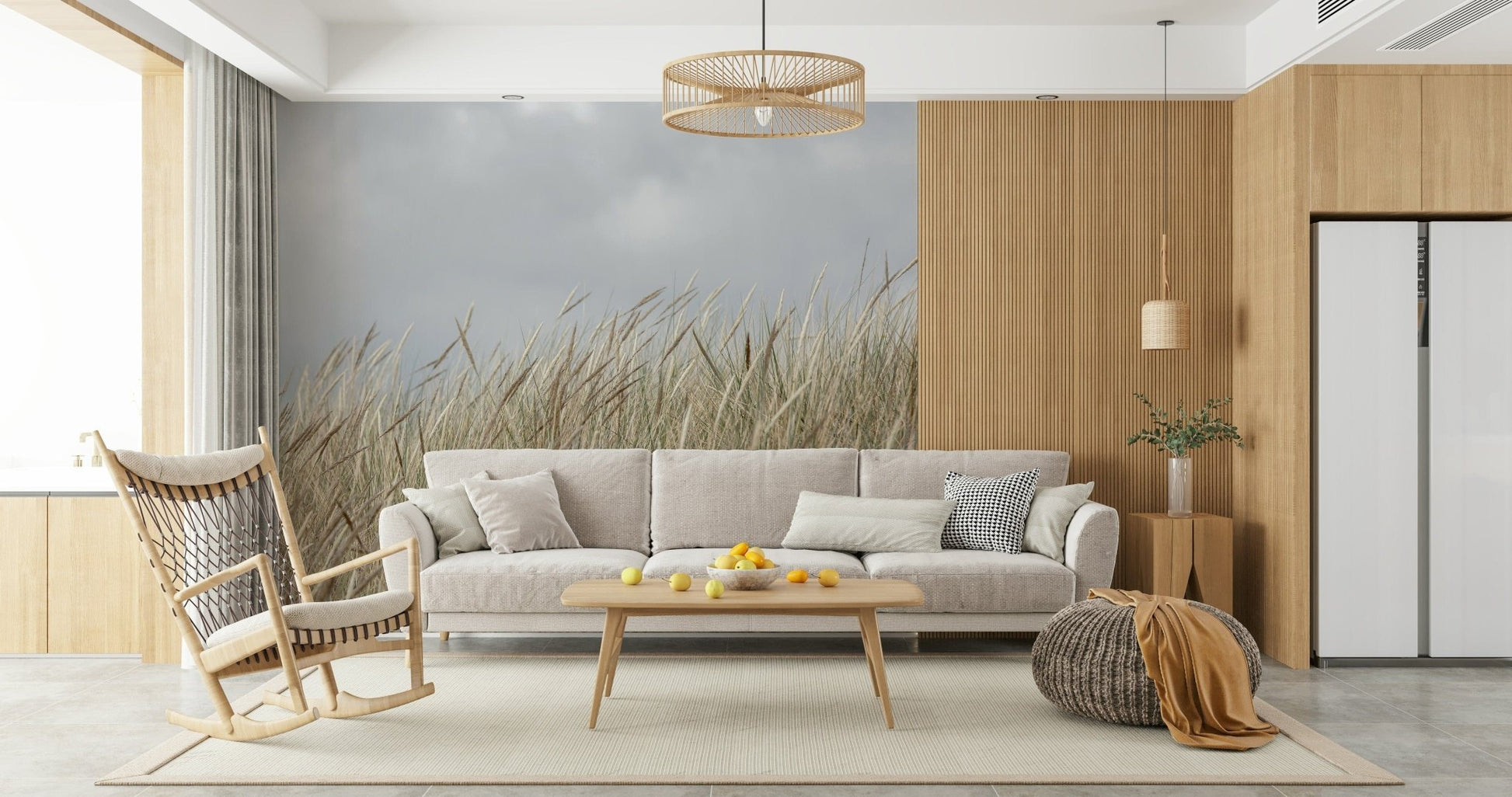 Rustic beige field patterns on Woodland Dune Grass wallpaper for living room.