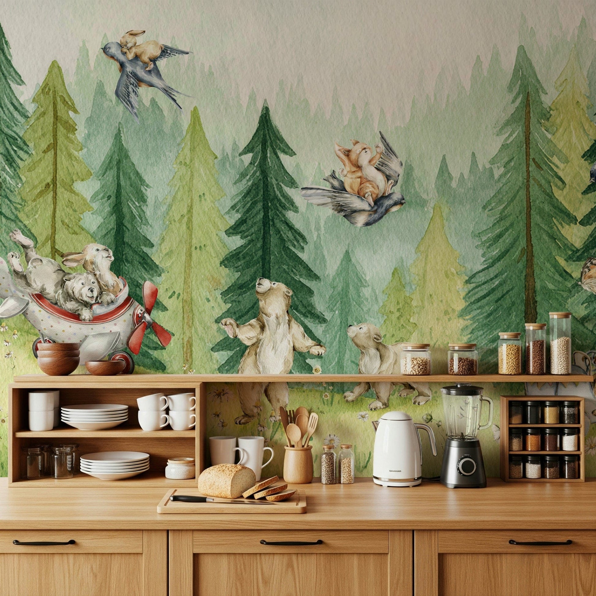 Wall mural showing adorable forest animals soaring through the pine trees.