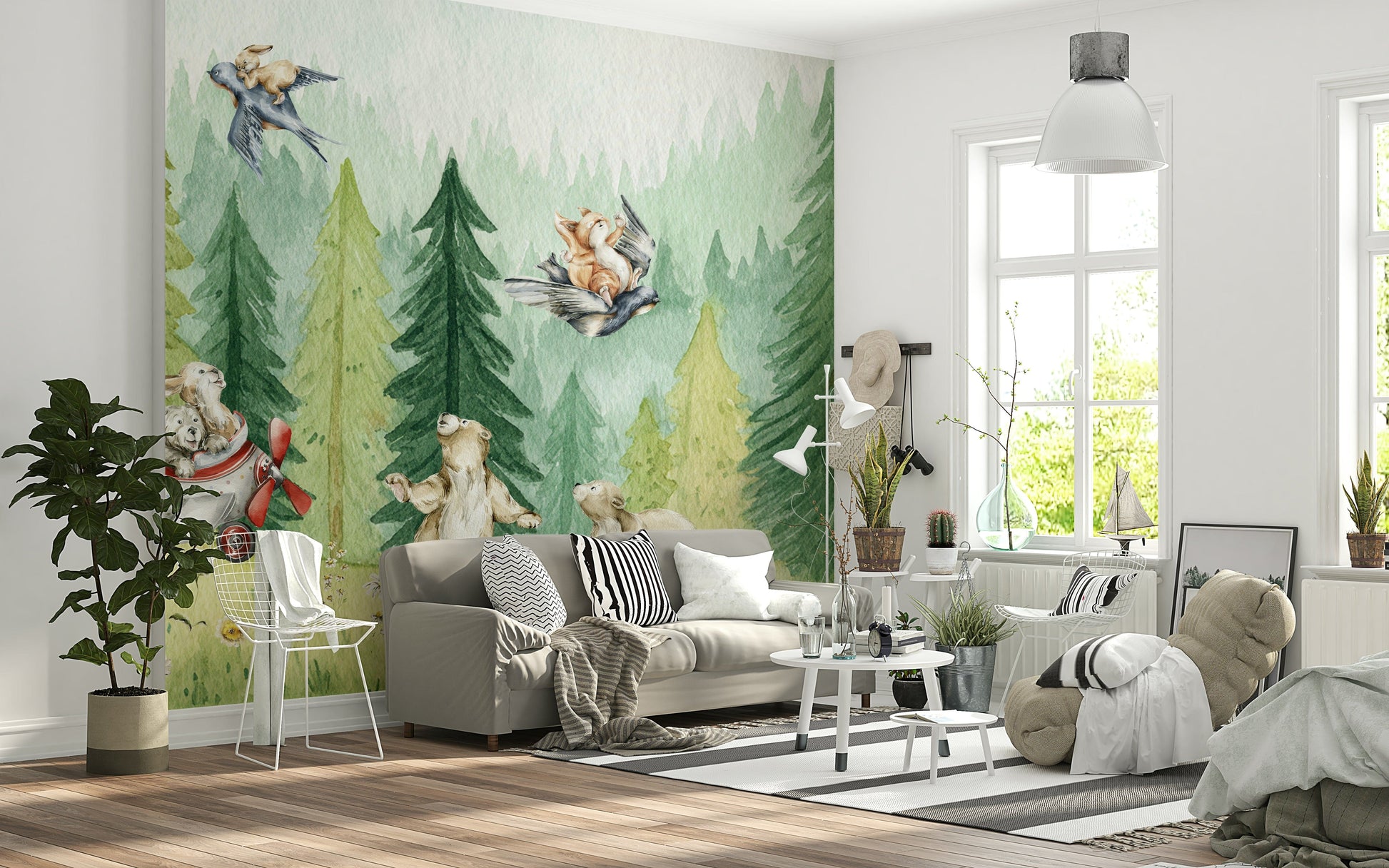 Whimsical wall mural of woodland creatures flying airplanes and birds.