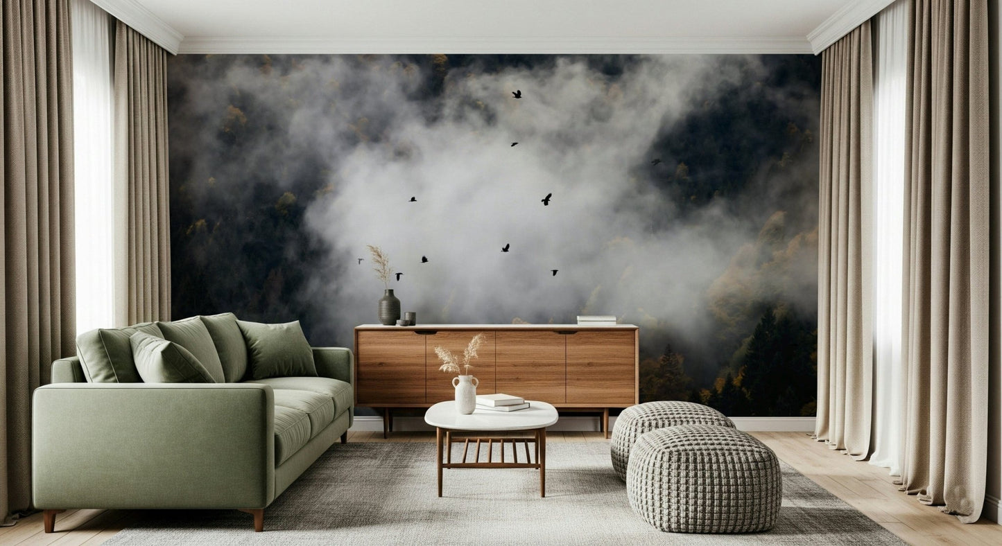 Eerie Woodland Flock in Fog, autumnal trees, dense mist, flying crows.