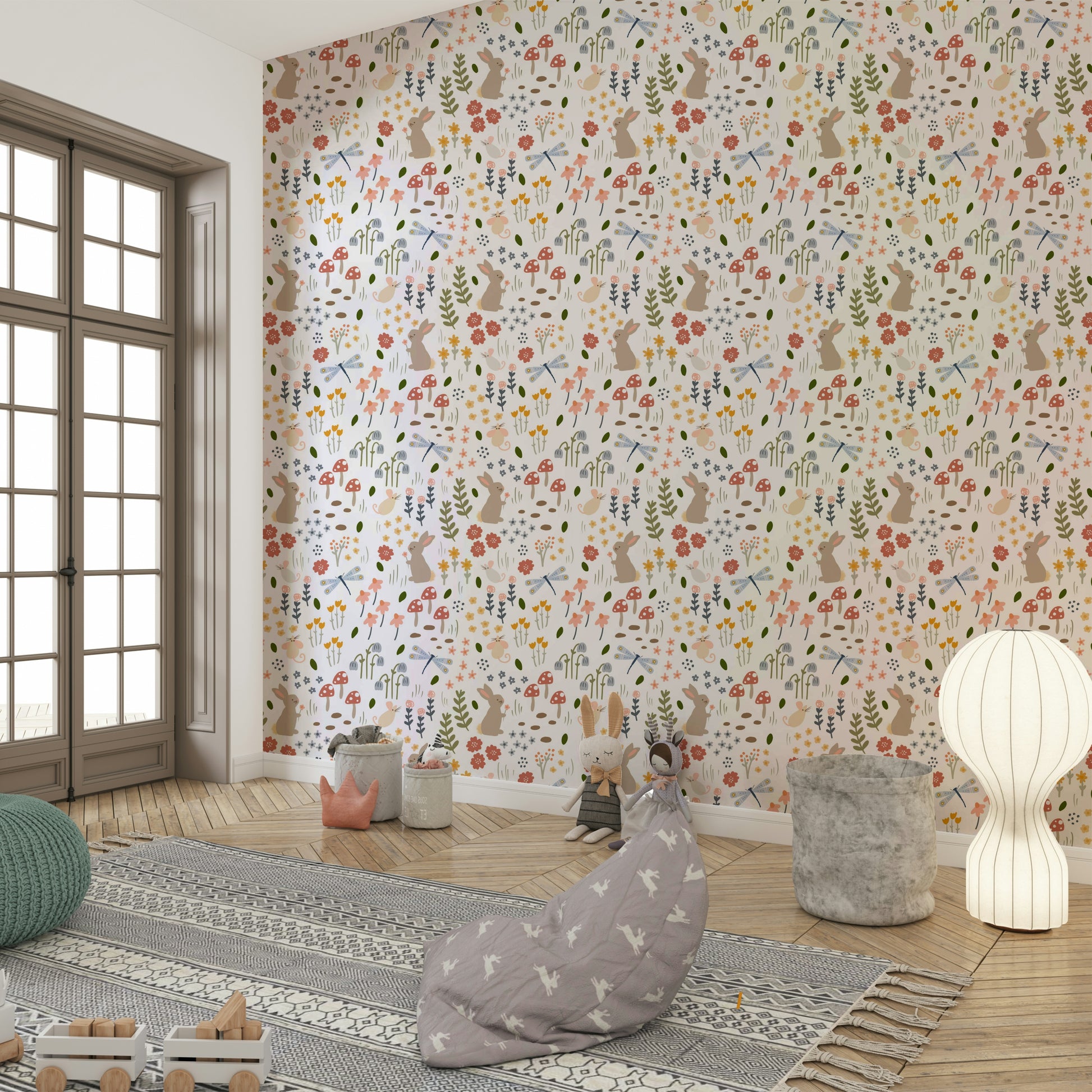Soft floral forest wallpaper for nursery room

