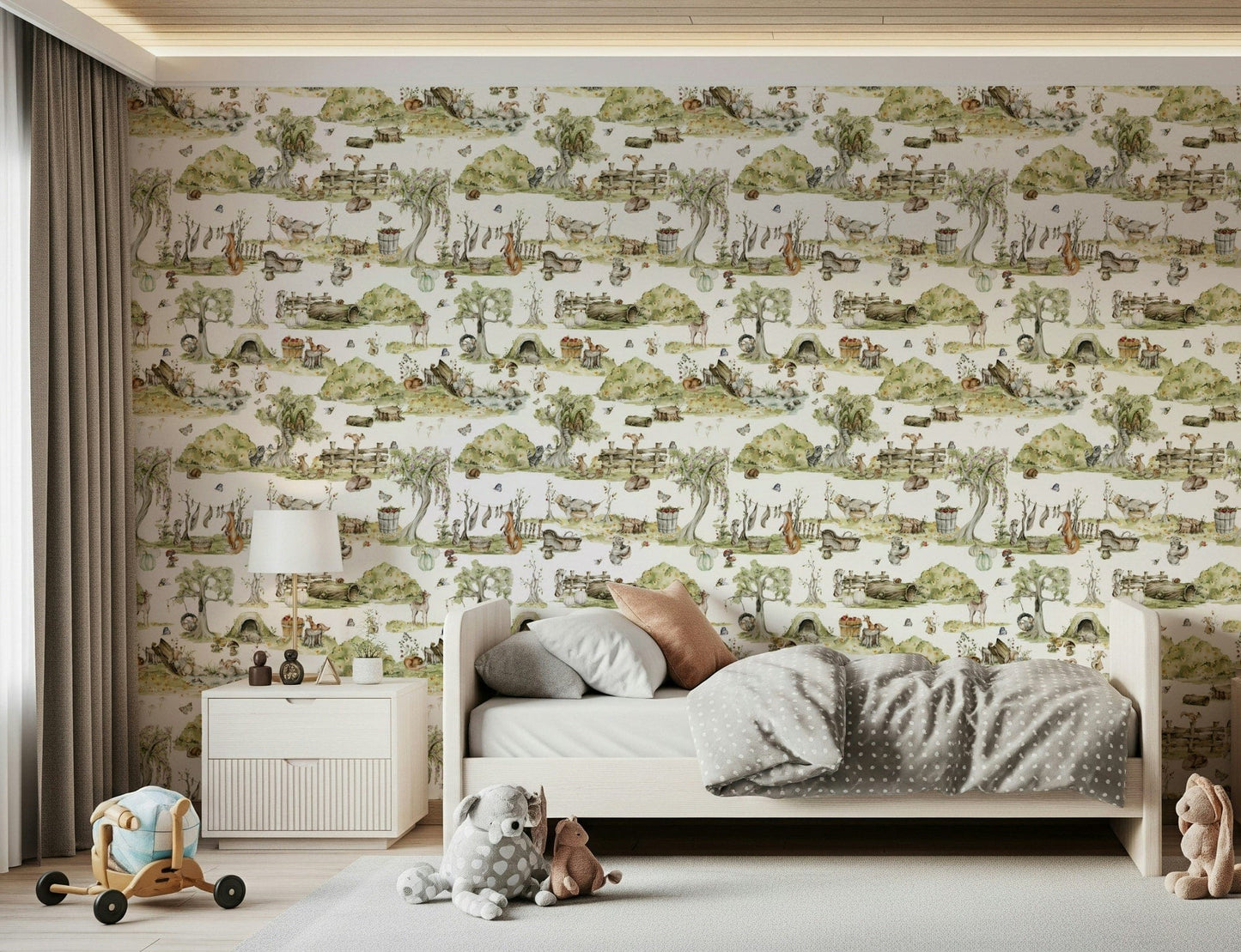 Decorative wall paper Whimsical Woodland Friends natural forest habitat.