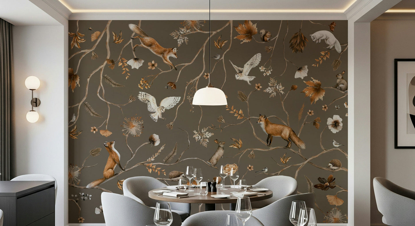 Nature-inspired mural with deer, foxes, and rabbits in a serene forest scene
