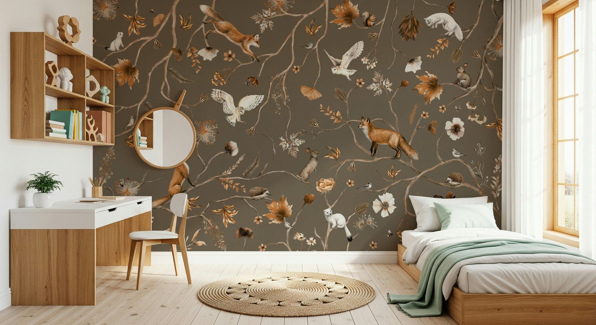 Charming wall mural featuring woodland animals among lush forest foliage