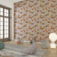Hand-drawn animals wallpaper with trees and nature

