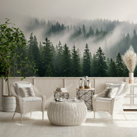 Hazy forest wall mural for bedroom, calm tree silhouettes and light fog