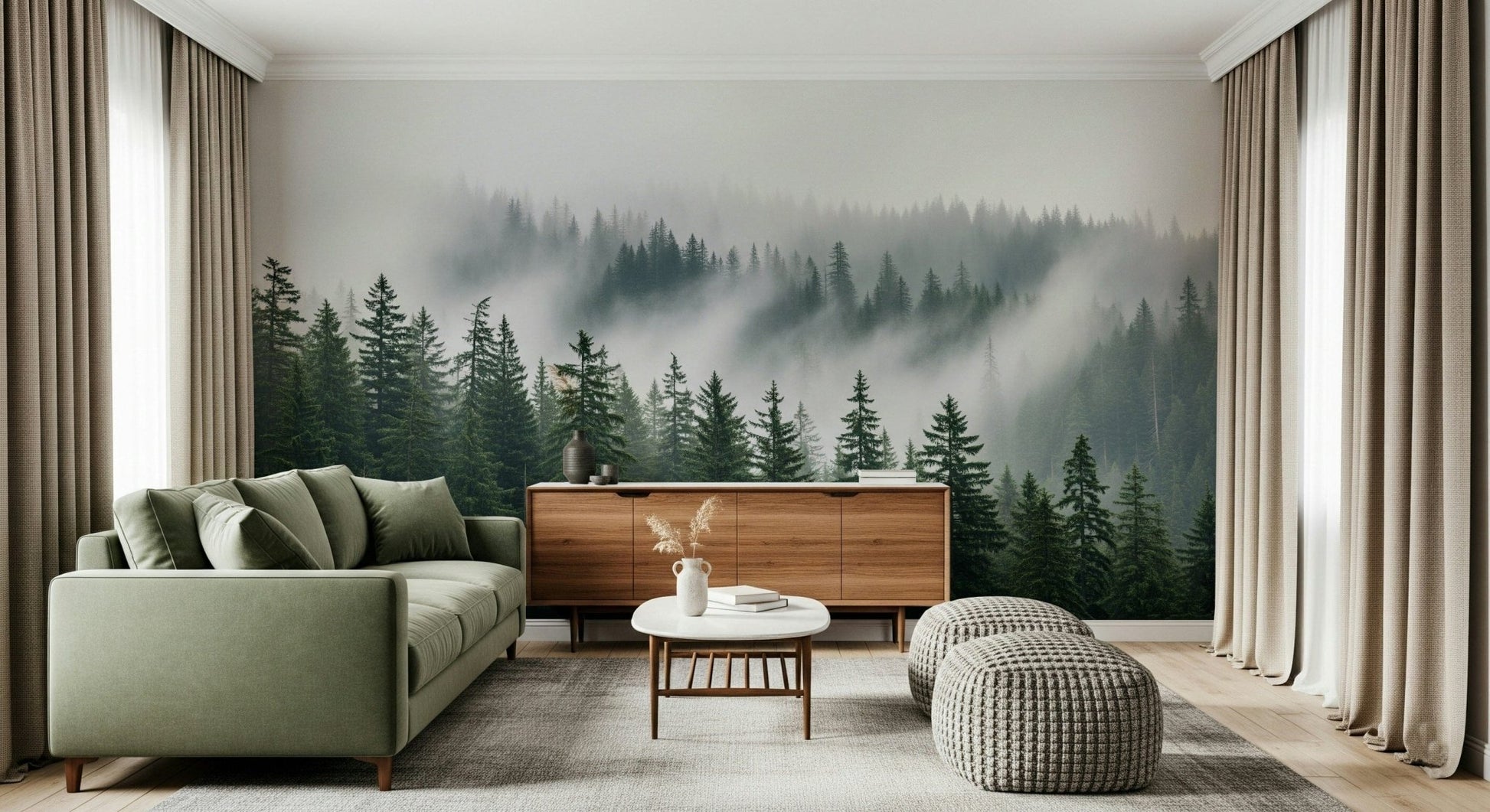 Foggy woodland mural for home office backdrop, gentle forest landscape in soft colors
