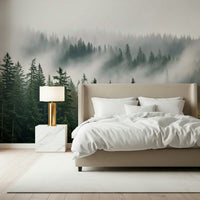 Soft-focus forest mural for hallway, hazy trees and muted tones for a calm look