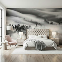 Woodland Black white wallpaper deep forest mist atmosphere.