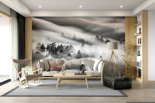 Streaked monochrome fog of Woodland Mist Velocity wallpaper surface.