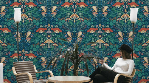 A whimsical forest-themed wallpaper pattern.
