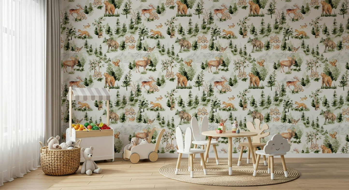 Charming Woodland Nursery Pattern Wallpaper pattern depicting rustic wildlife.