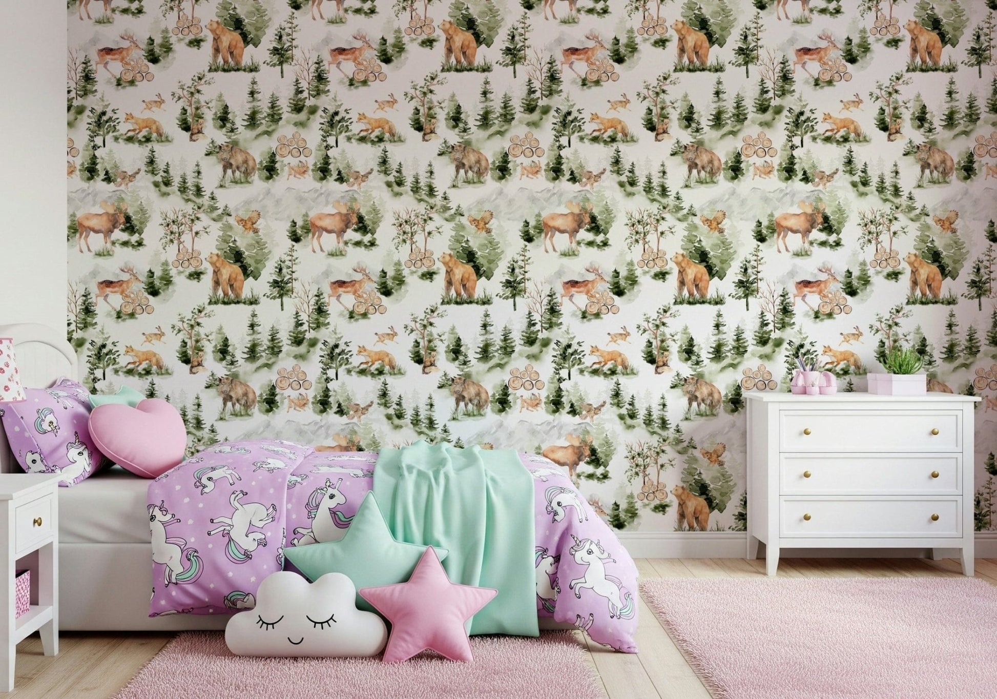 Pine trees and animals Forest Friends room covering.