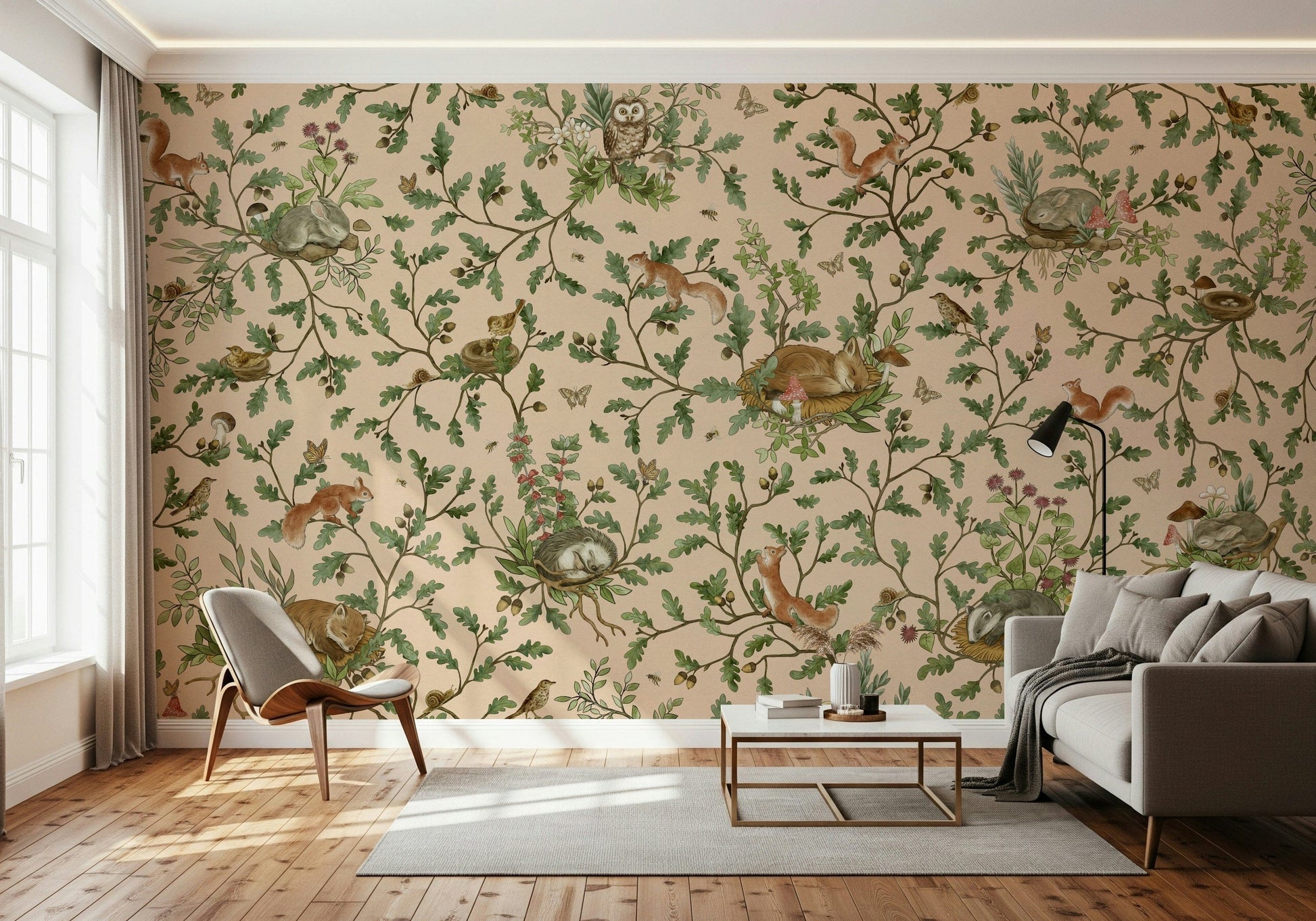 Tranquil forest mural highlighting oak trees and an inviting, natural setting.