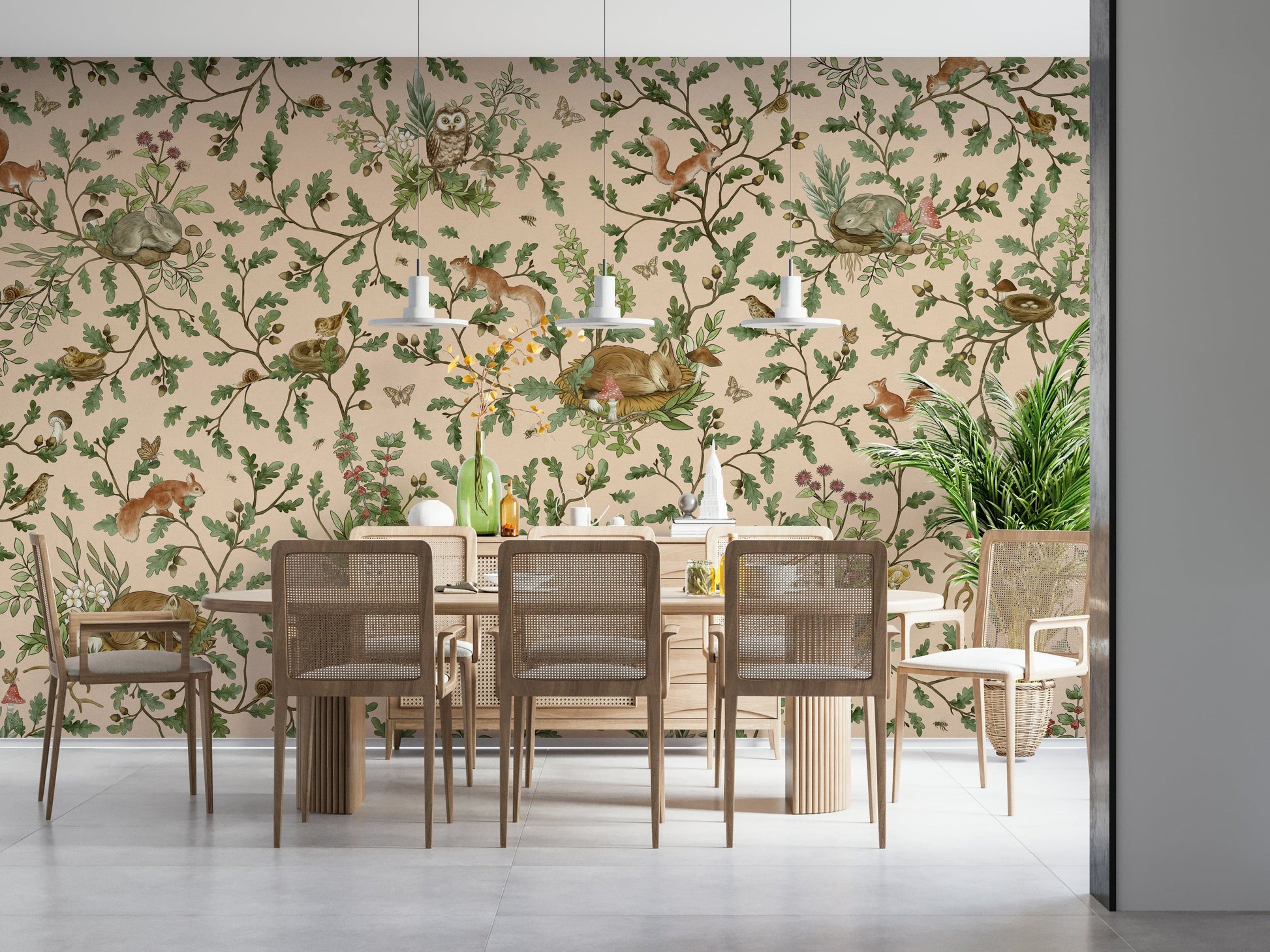 Nature-inspired wall mural evoking the warmth and stability of an oak-filled haven.