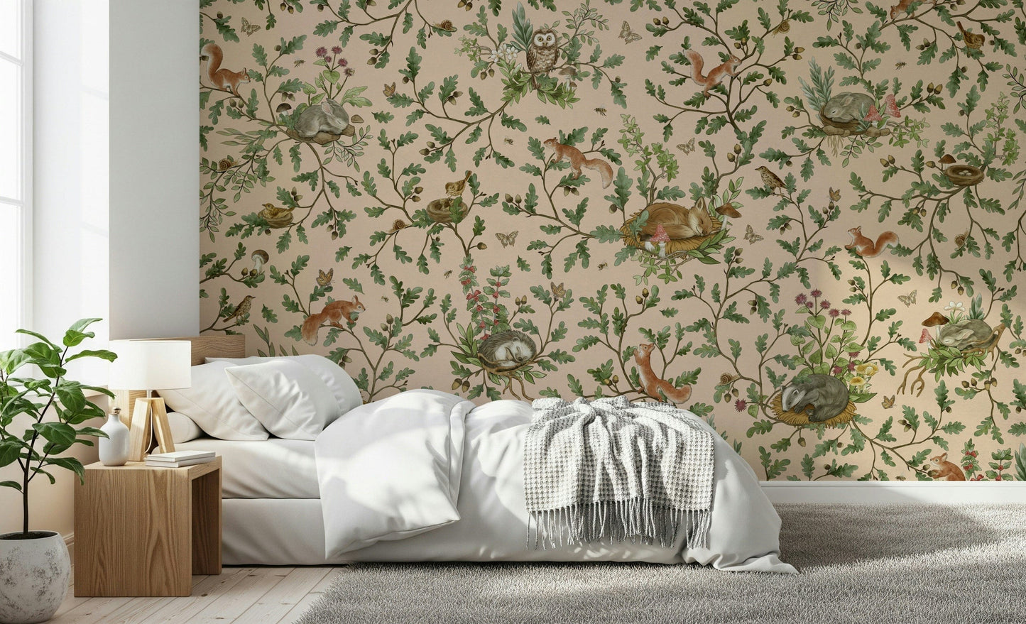 Oak Haven Wall Mural showcasing tall oak trees and a calm, natural atmosphere.