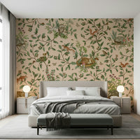 Wall mural with rich earthy greens and browns inspired by a tranquil oak forest.