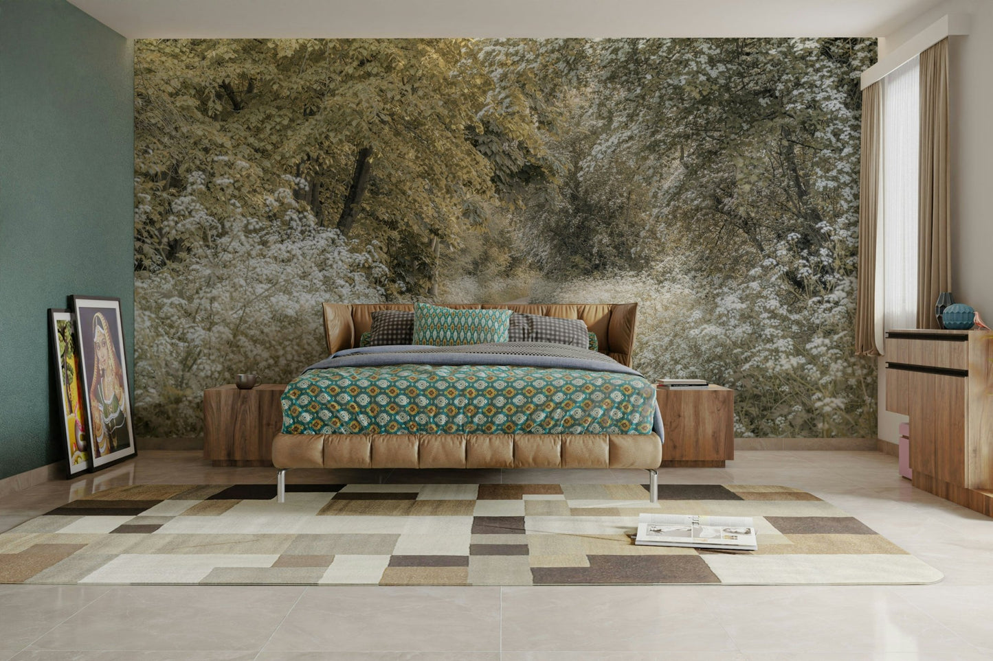 Woodland spring mural wallpaper with soft path

