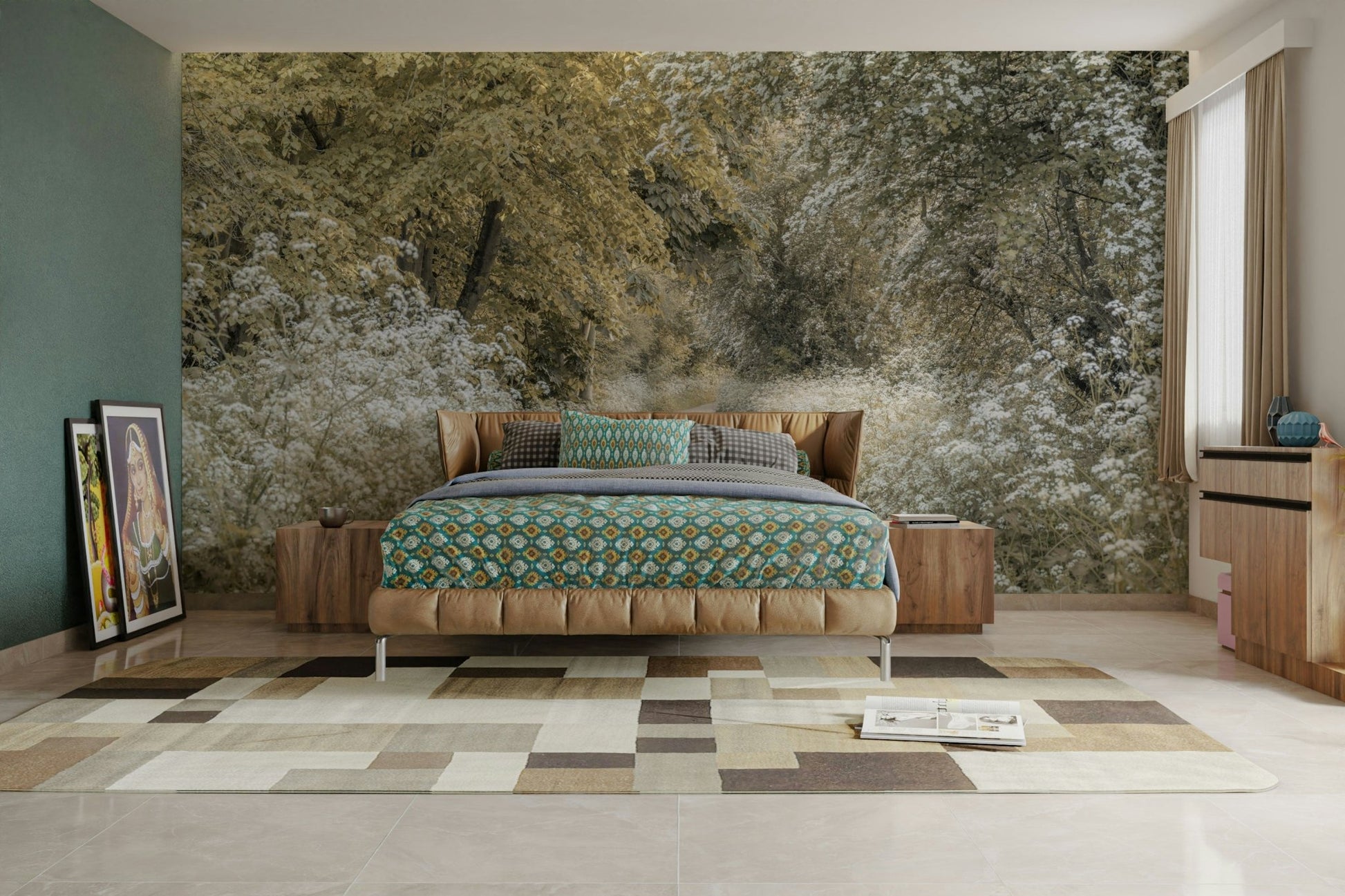 Woodland spring mural wallpaper with soft path

