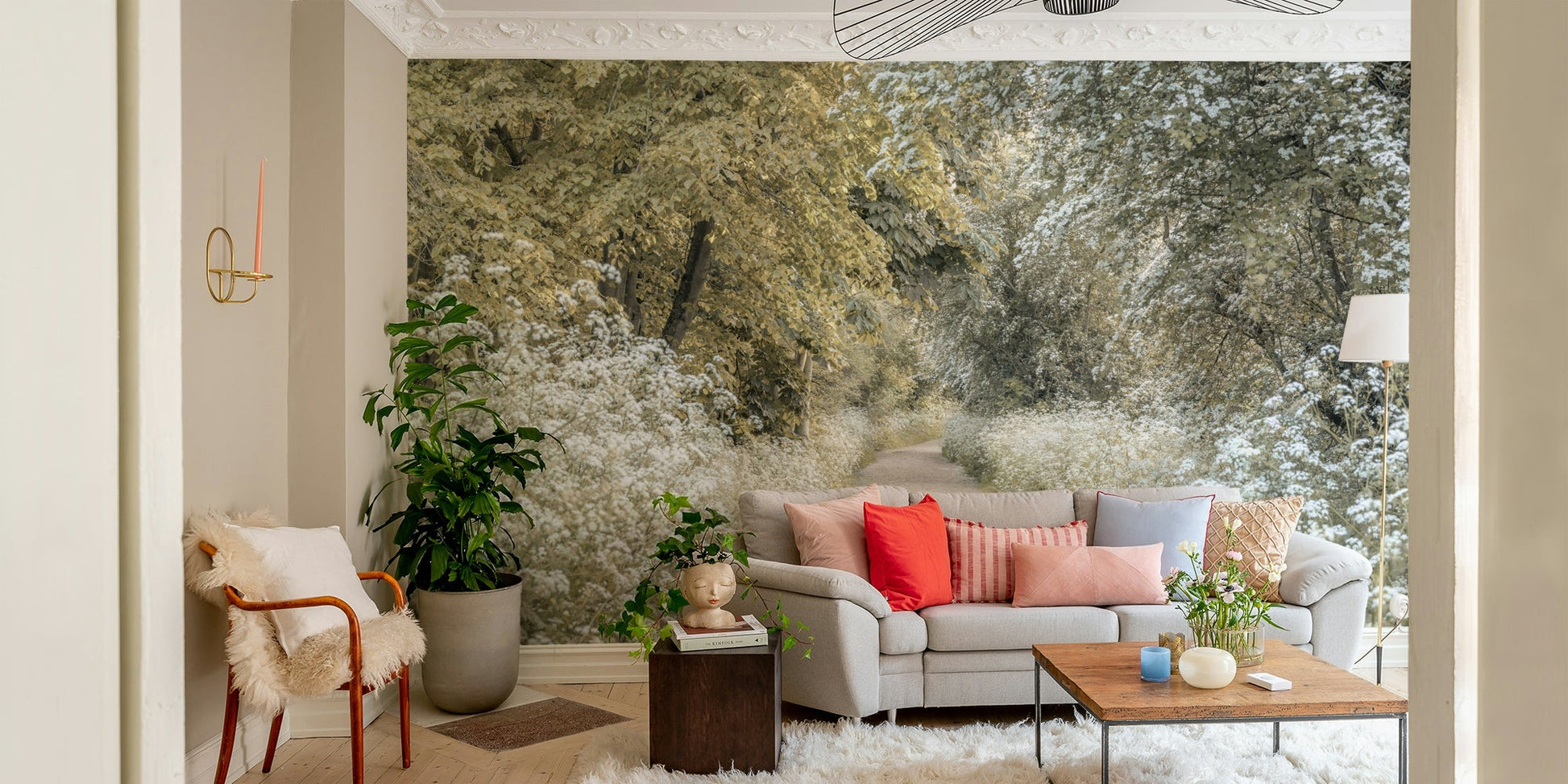 Forest mural wallpaper with blooming wildflowers

