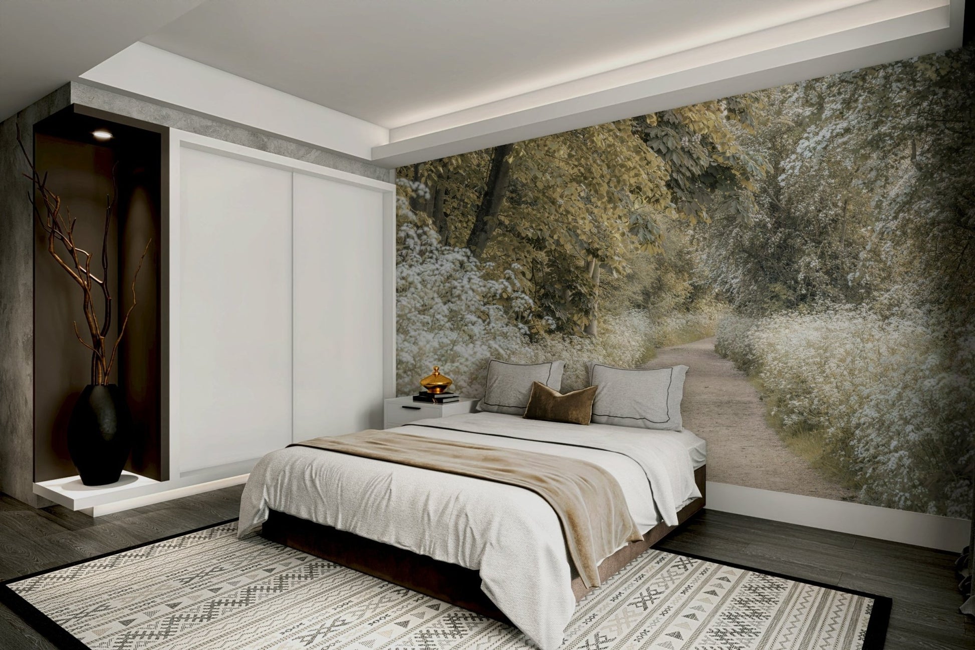 Tranquil mural wallpaper of woodland walkway

