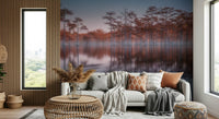 Woodland Twilight Lagoon wall mural depicting quiet bayou forest during dusky evening.
